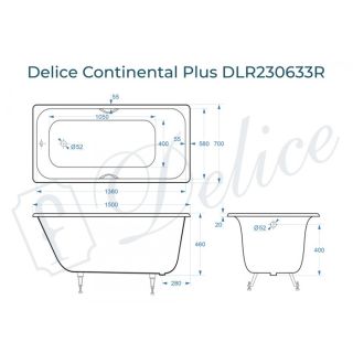 Ванна чугунная Delice Continental PLUS DLR230633R с отверстиями под ручки 150х70 см